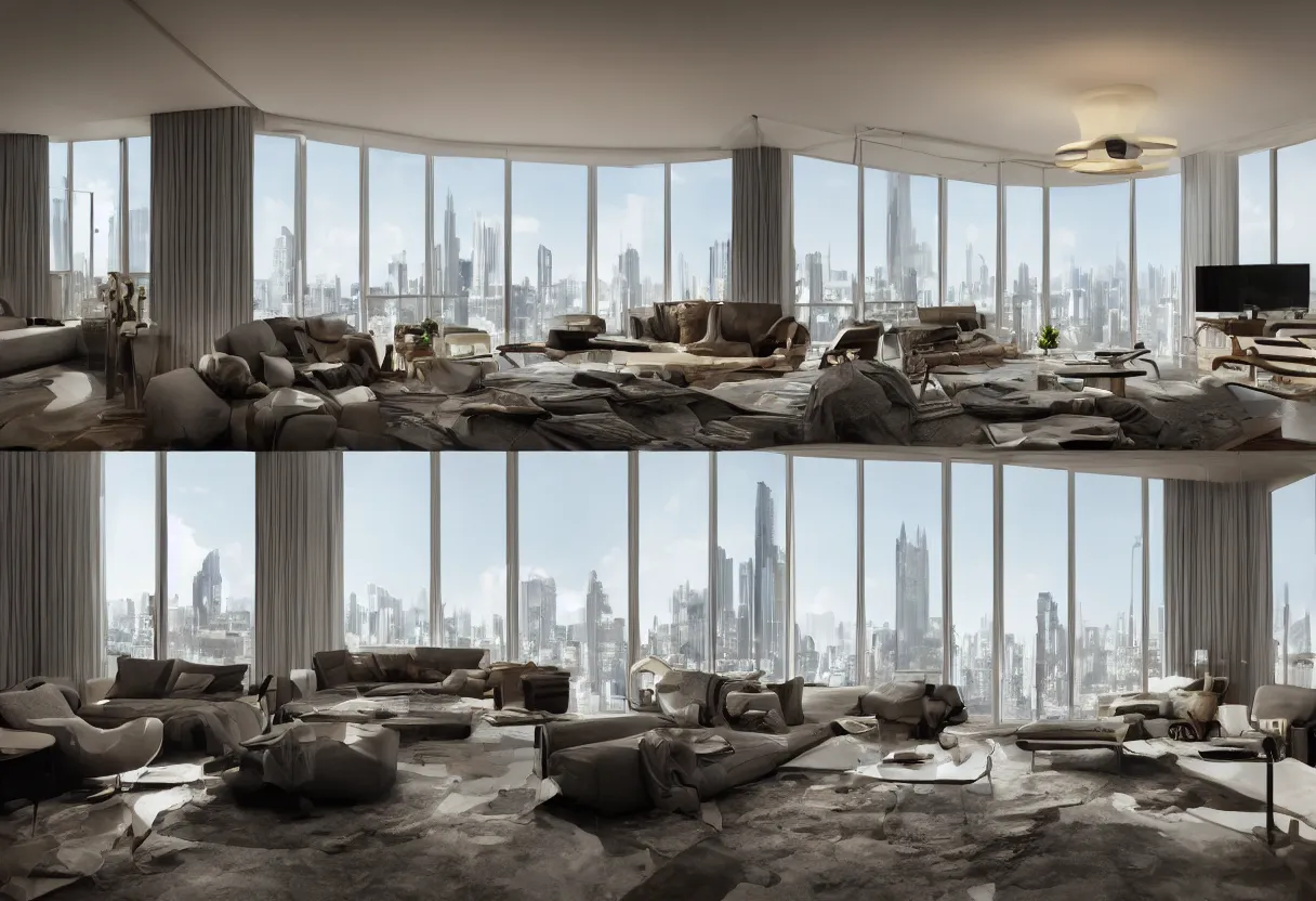 Prompt: high resolution concept art of an apartment living room overlooking a large futuristic city with floor to ceiling windows and mid century modern furniture cinematic lighting cgsociety