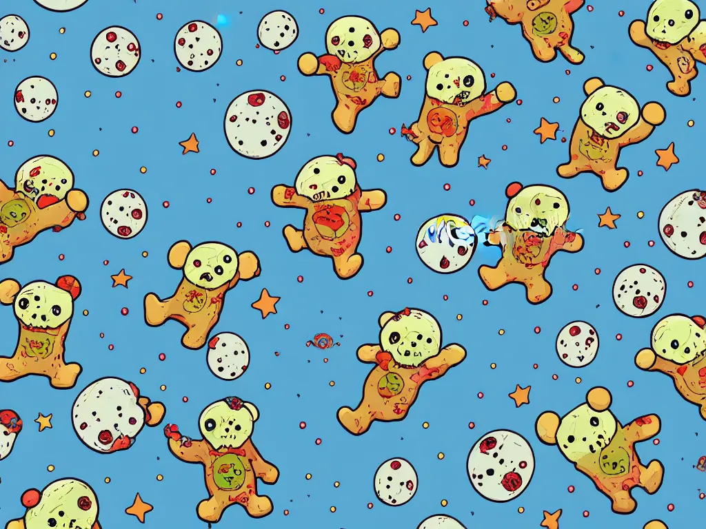 Image similar to happy zombie teddy bears floating in space, cartoon illustration, detailed, sarcastic