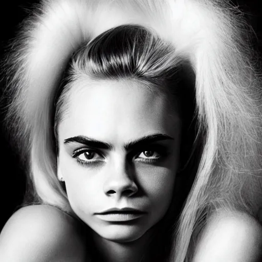 Image similar to photo of a gorgeous 20-year-old Cara Delevingne with 1960s hairstyle by Mario Testino, detailed, head shot, award winning, Sony a7R -