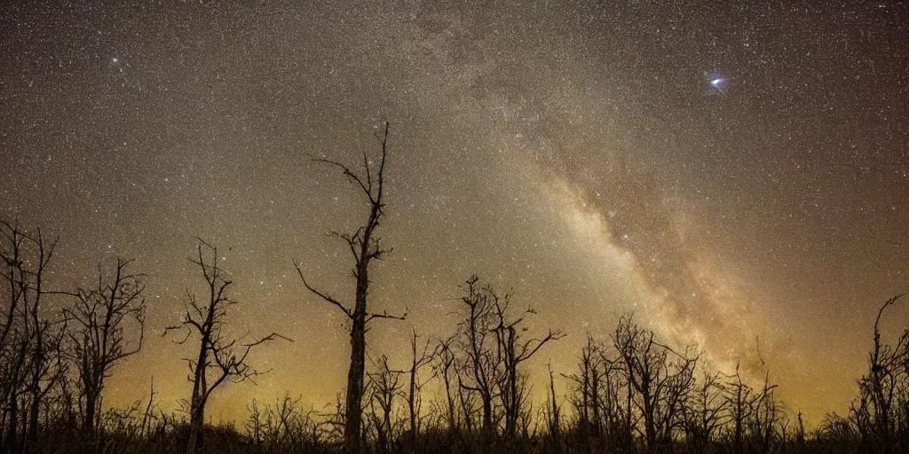 Prompt: a dark forrest with a path, sky full of stars and milkyway is viewable, mystical, art