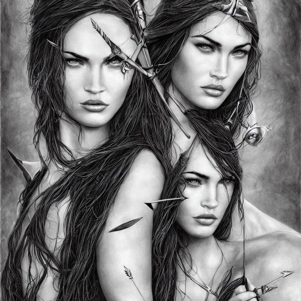 Image similar to portrait of beautiful megan fox as greek goddess aphrodite, archer, arrow on the head, beautiful piercing eyes, flowing blonde hair, realistic face, black and white drawing, in the style of greg rutkowski, fantasy, amazing detail, epic, intricate, elegant, smooth, sharp focus