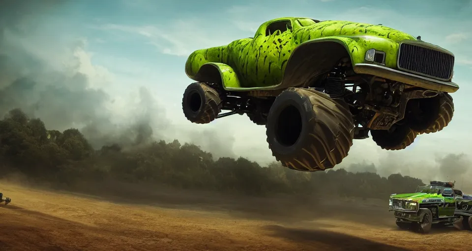 Image similar to Monster Truck that looks like a pickle, PC Wallpaper, stunning photo, cinematic lighting, perfect composition, 8K, ultra-detailed , Trending on artstation, Octane render, Unreal Engine, highly detailed,