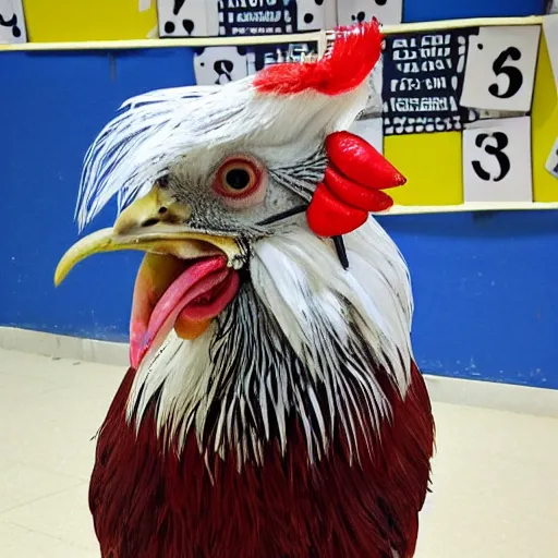 Image similar to an elderly male rooster dressed up for bingo night