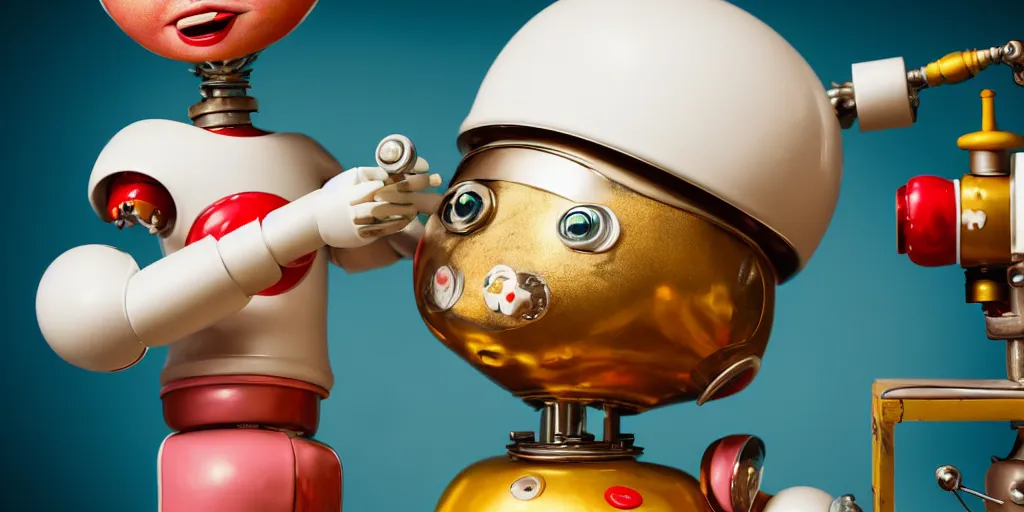 Prompt: closeup portrait of tin toy retro robot chef cooking pastry in a chemical lab, depth of field, zeiss lens, detailed, centered, fashion photoshoot, by nicoletta ceccoli, mark ryden, lostfish, breathtaking, 8 k resolution, extremely detailed, beautiful, establishing shot, artistic, hyperrealistic, octane render