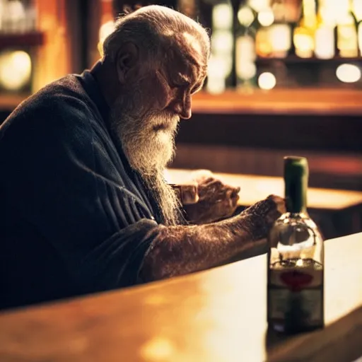 Image similar to an old man sitting on the table at the bar, whisky bottle on the table, looking sad and lonely