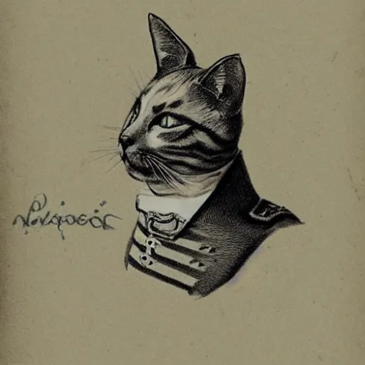 Image similar to a hatched sketch of a cat wearing napoleon's clothing