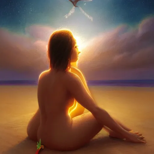 Prompt: hawaiian!! woman [ sitting on a brightly illuminated beach ]!! under the radiant stars, back view!!, illuminated by the stars, fantasy art, digital art, 3 d modeling, light painting, golden ratio!!, illustrated by greg rutkowski, gaston bussiere, and max hay, 4 k digital art, 8 k quality, full body