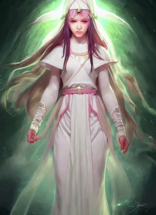 Prompt: full body portrait of a cleric, female, young, cute, white robes, pink clothes, holy, simplistic, circlet, spirits, dark brunette hair, white skin, heterochromia yellow and green, high fantasy, extremely detailed, smooth, sharp focus, digital illustration, by artgerm, rossdraws, wlop, collectible card art