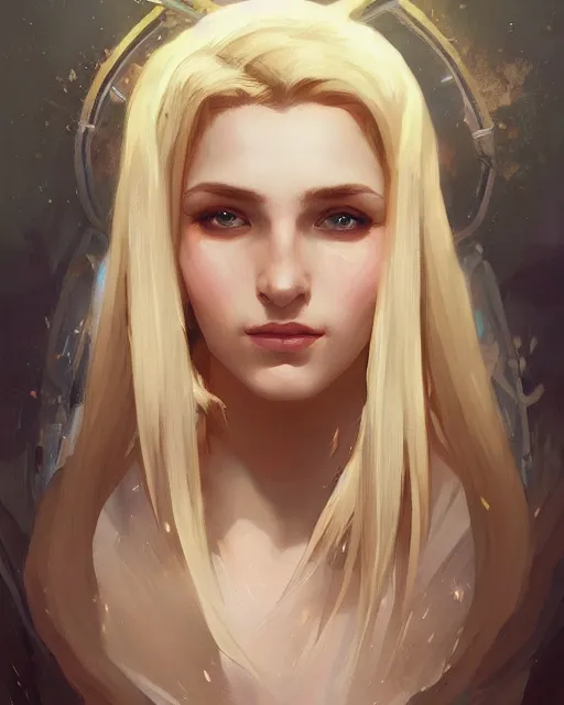 Image similar to '' Portrait of Beautiful blonde Slavic woman in her early 30’s, league of legends, LOL, fantasy, d&d, digital painting, artstation, concept art, sharp focus, illustration, art by greg rutkowski and alphonse mucha ''