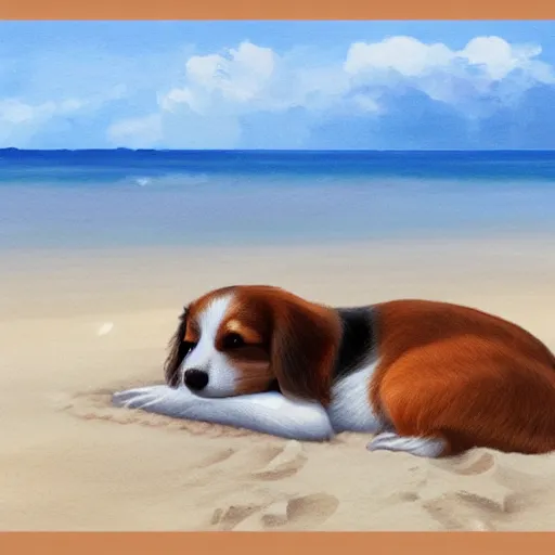 Prompt: kooikerhondje doge sleeping in the beach, high quality, artstation, 4k