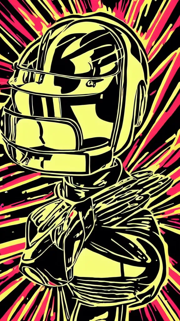 Prompt: Daft Punk logo by mcbess, full colour print, Techno concert advert