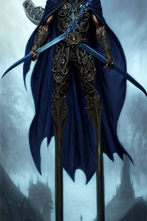 Image similar to raziel soul reaver casting the sword, long black hair blue eyes wearing leather mantle gothic navy cloak with gold details, nosgoth pillars, fantasy character portrait, ultra realistic, intricate, elegant, cinematic lighting, highly detailed, digital painting, artstation, smooth, sharp, focus, illustration, art by artgerm and greg rutkowski and alphonse mucha