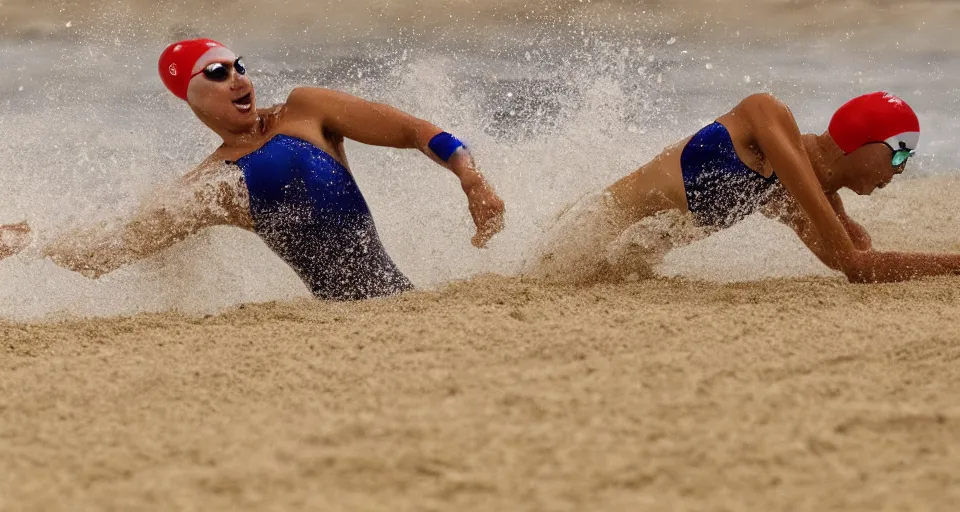 Image similar to olympic swimming in sand instead of water, extremely coherent, motion blur