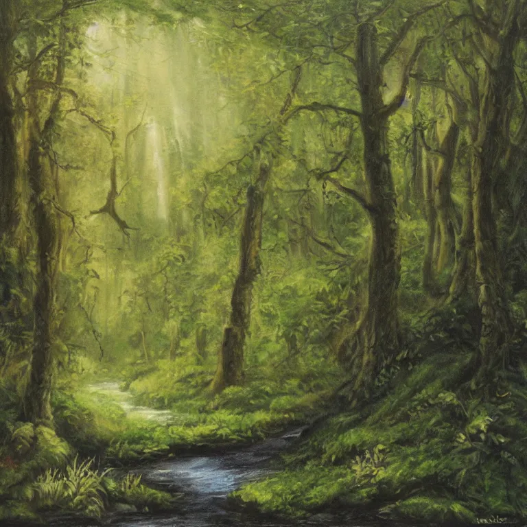 Image similar to light oil painting of a forest with a stream running down the middle with tiny female woodland sprites dancing, anatomically correct