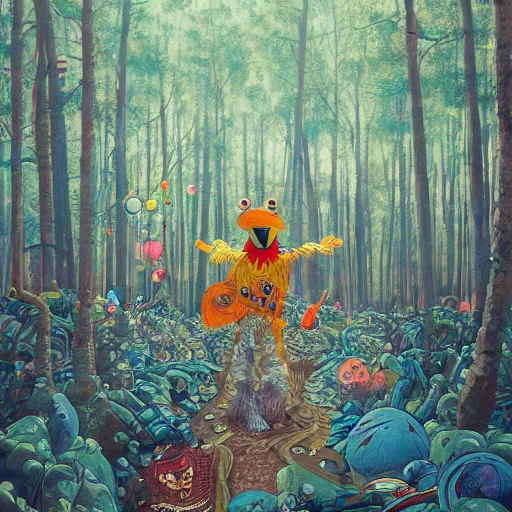 Prompt: safety cones scattered around an oak tree forest, man in muppet sasquatch sri lankan mask costume dancing in the distance, by james jean, miyazaki, hyper detailed surrealist painting