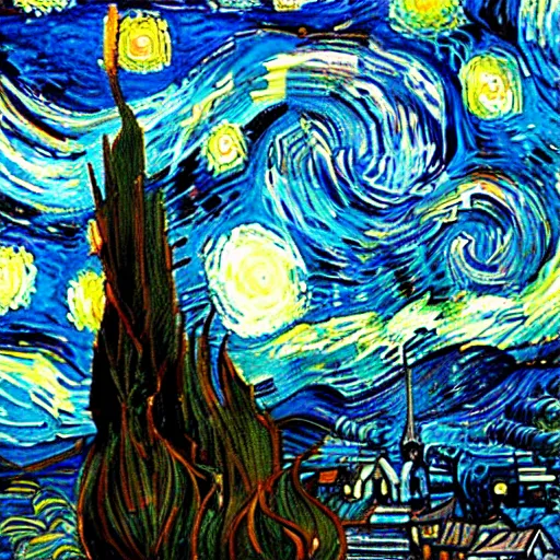 Image similar to girl with an umbrella girl with an umbrella. a walk inside a van gogh painting is a starry night. inside the painting. see everything from the inside. clearly detailed. dramatic.