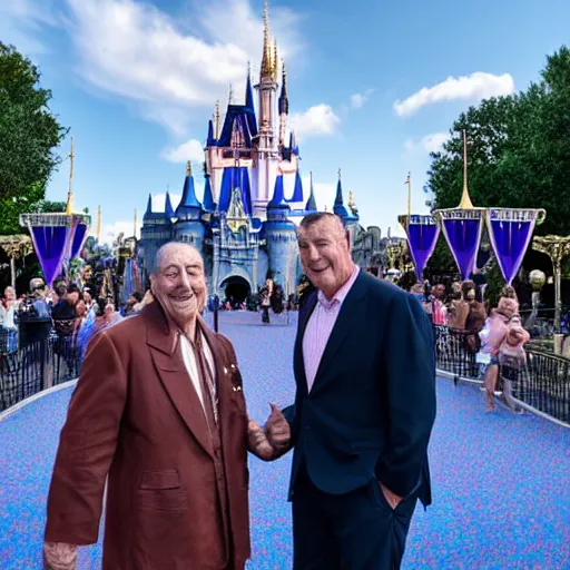 Prompt: a photo of walt disney and thanos standing together in front of the magic kingdom castle, photograph, realistic, 4K UHD, 16mm f/1.4