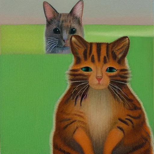 Image similar to detailing portrait oil painting of cat and quokka in the style of grant wood, perfect lighting