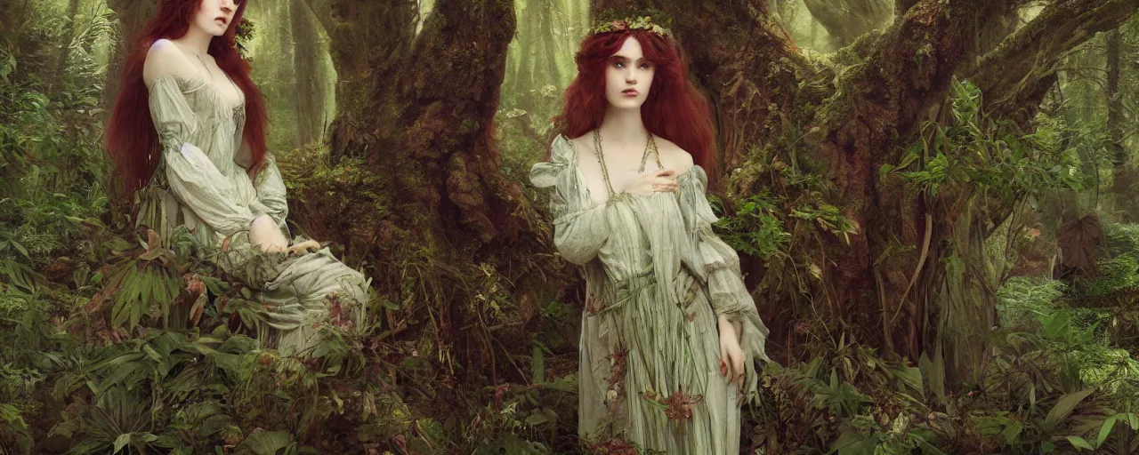 Image similar to a romantic pre-raphaelite portrait of Grimes as a forest fairy in a beautiful botanic garden, concept matte, trending on artstation