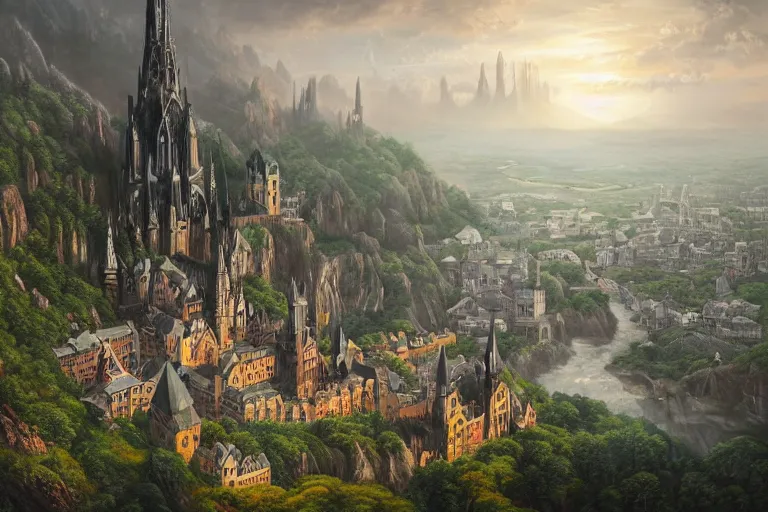 Image similar to an ultra detailed matte landscape painting of an german gothic capital city built into the side of a mountain with many tall spirally towers, sweeping vista, tiny coastal fishing village very far away, ultrawide lens, aerial photography, 8 k, volumetric lighting, smooth, highly detailed, digital illustration, art by greg rutkowski and akira toriyama and artgerm