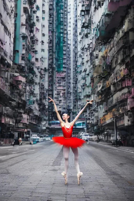 Prompt: a dynamic photograph of a ballet dancer in a dystopic Hong Kong street. Realism.