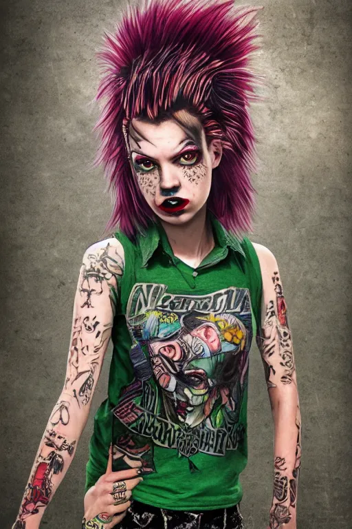 Image similar to upper body portrait hannah murray as a punk woman with green mohawk, covered in neotraditional style tattoos, septum ring, piercings, wearing a bold tee shirt, flannel jacket, fishnets and a long tartan skirt, intimidating, max details, hyperrealistic, photorealistic, ultra - realistic, ultra - detailed, cinematic, 8 k resolution by alan lee