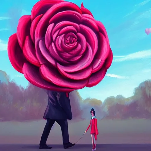 Image similar to portrait, giant rose flower head, girl walking in a suit, surreal photography, sunrise, blue sky, dramatic light, impressionist painting, digital painting, artstation, simon stalenhag