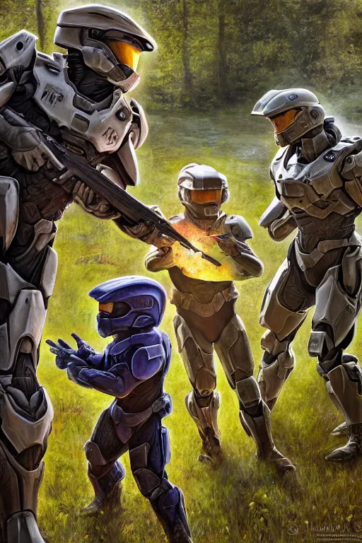 Prompt: easter egg hunt with master chief from halo and kids, picking up easter eggs, egg in hand, oil on canvas, intricate, portrait, 8 k highly professionally detailed, hdr, cgsociety