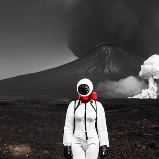 Image similar to A high armored white woman suit with a one red light eye gasmask standing in front of an erupting volcano, professional photography, black and white, cinematic, eerie