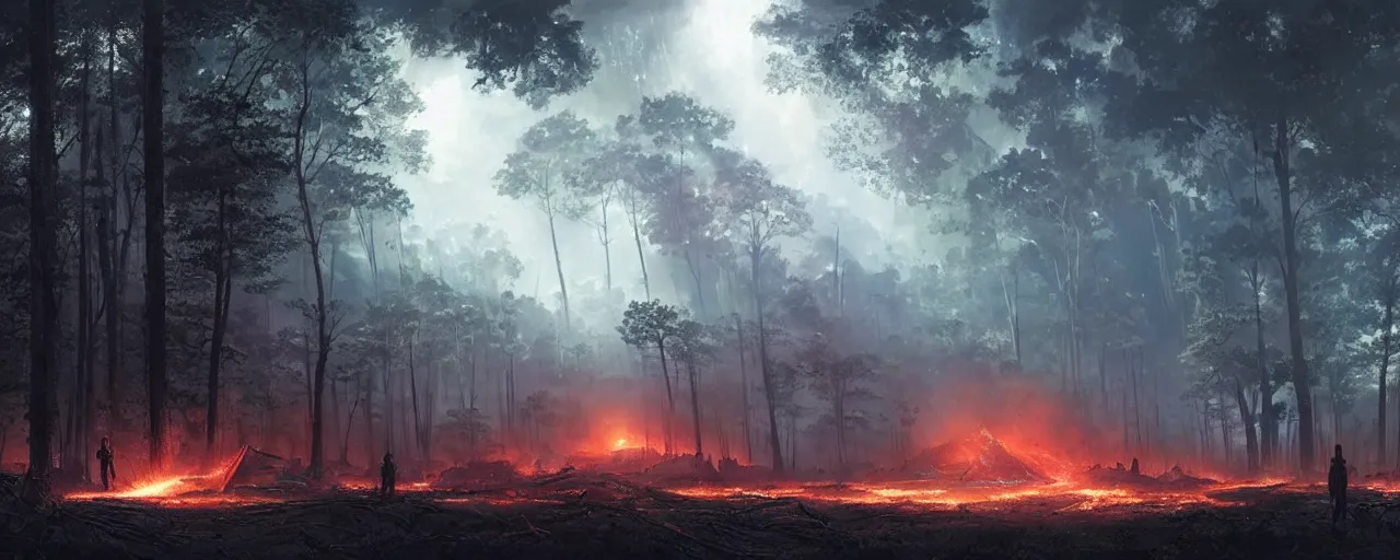 Prompt: ig powerful laser light and big sound system on the left side close to the camera, a giant megastructure spaceship wrecked and lost in the forest, a small fire in the distance, detailed digital art by greg rutkowski.