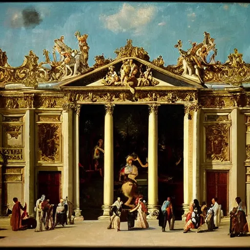 Image similar to fine art, oil on canvas baroque style 1 9 5 6 by diego velasquez. the main entrance of the palace of versailles in france.