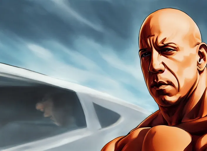 Image similar to landscape, long shot of vin diesel as saitama!!! throwing a car, hyperrealism, trending on artstation