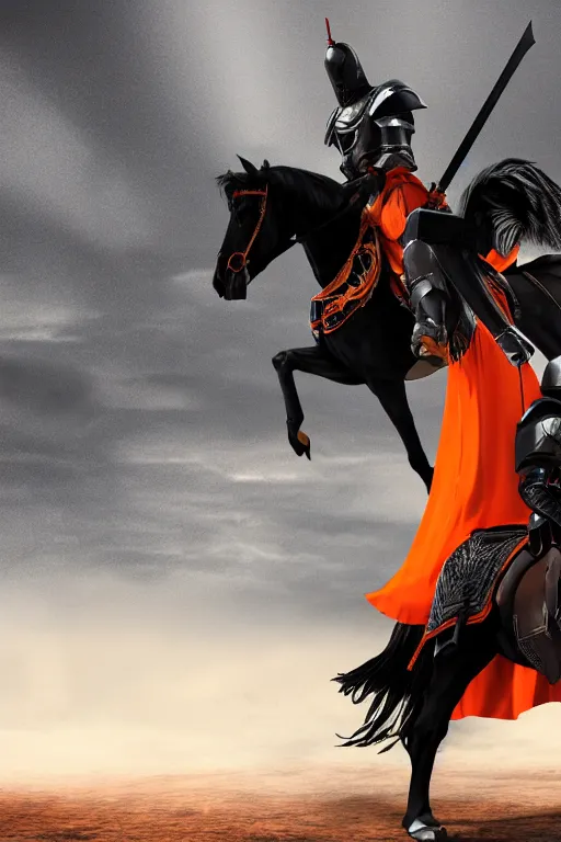 Image similar to a digital photograph of an african american knight in heavy black parmor with orange trim, wearing a black elegant cape flowing in the wind, the knight holds a black sword in one hand, the knight is riding a black horse with mechanized armor who is gallaping, extremely detailed, unreal engine, concept art, 8 k