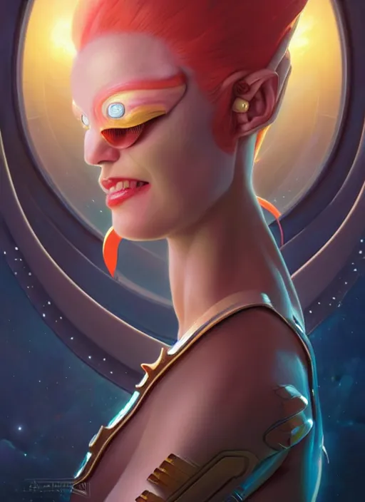 Image similar to face of a cute alien girl wearing shiny plastic armor in the style of roger dean and alberto vargas and stefan kostic, realistic, sharp focus, 8 k high definition, insanely detailed, intricate, elegant, art by greg rutkowski and artgerm, extreme blur coral reef background