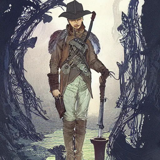 Image similar to an ultra detailed vector image of michael cera dressed as the hunter from bloodborne, concept art by alphonse mucha and greg rutkowski, cosmic horror, god rays