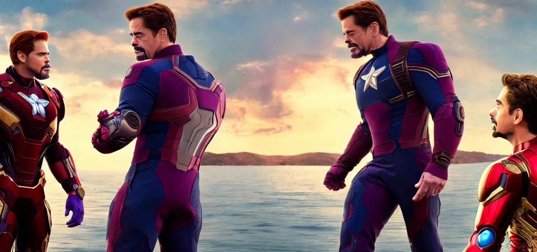 Prompt: a very high resolution image from a new movie. thanos kissing tony stark while capitan america watches on a lake, photorealistic, photography, directed by wes anderson