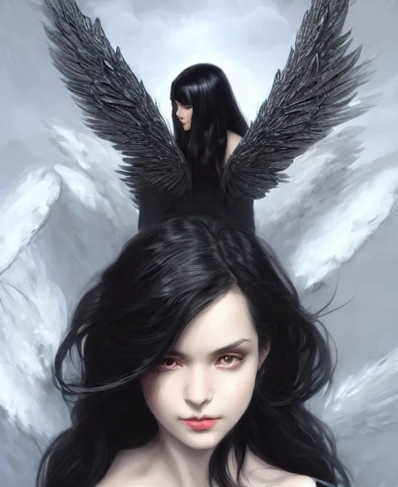 Prompt: beautiful black haired angel girl, black jacket, black bra, gray wings, highly detailed, d & d, fantasy, highly detailed, digital painting, trending on artstation, concept art, sharp focus, illustration, art by artgerm and greg rutkowski and fuji choko and viktoria gavrilenko and hoang lap