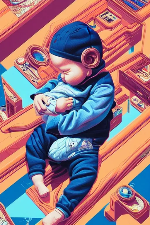 Prompt: a baby in a jeans pocket, tristan eaton, victo ngai, artgerm, rhads, ross draws