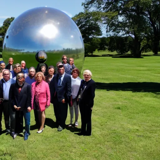 Prompt: group of people, politicians, and reporters standing in a grassy field around a spherical starship.