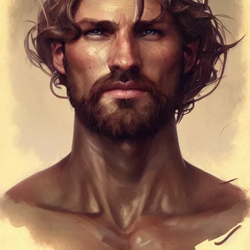 Image similar to portrait of a rugged ranger, muscular, upper body, D&D, fantasy, intricate, elegant, highly detailed, digital painting, artstation, concept art, smooth, sharp focus, illustration, art by artgerm and greg rutkowski and alphonse mucha