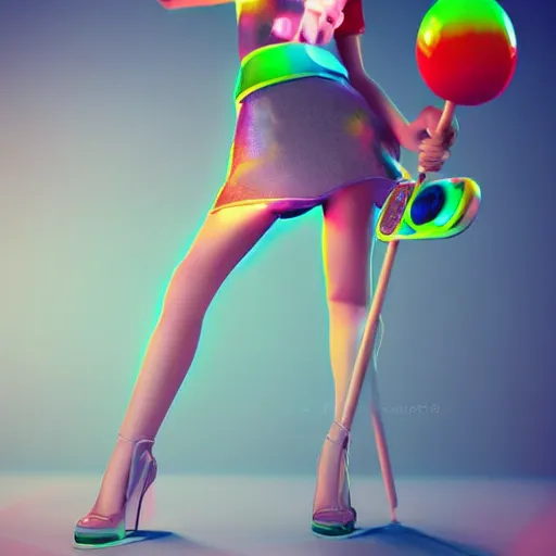 Image similar to high quality portrait of gaming girl with controller sitting futuristic tall chair, lollipop candy, fashion photo, cool lighting, 3D render, pastel color