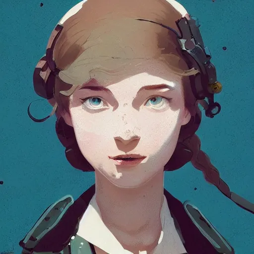 Prompt: Highly detailed portrait of a dieselpunk young lady with, freckles and wavy hair by Atey Ghailan, by Loish, by Bryan Lee O'Malley, by Cliff Chiang, by Greg Rutkowski, inspired by image comics, inspired by graphic novel cover art, inspired by nier!! Gradient color scheme ((grafitti tag brick wall background)), trending on artstation