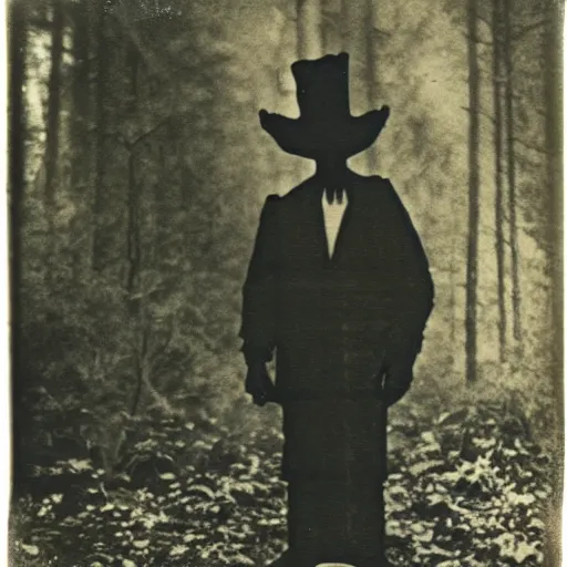 Image similar to slender dark ominous figure standing in the woods, dark, creepy, 1910 Polaroid photograph