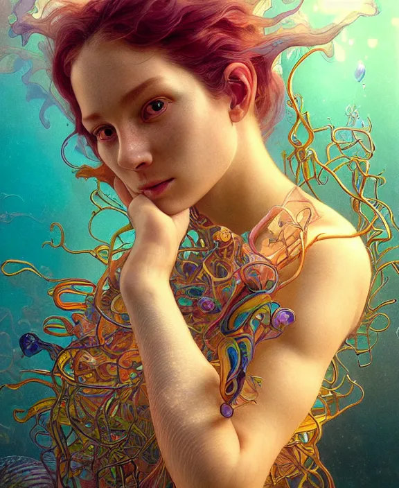 Image similar to intricate colorful transparent portrait of a disturbing beautiful alien mollusk creature, mottled coloring, adorable, childlike, underwater environment, ultra realistic, concept art, art nouveau, photorealistic, octane render, 8 k, unreal engine. art by christopher marley and artgerm and greg rutkowski and alphonse mucha