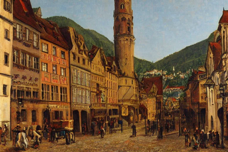 Prompt: Streets of Heidelberg, Germany, 1875, oil on canvas