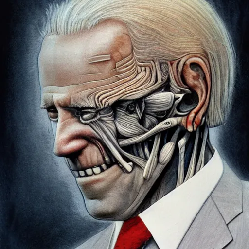 Prompt: anatomical diagram of Joe Biden cenobite, by H.R. Giger and Stephen Gammell and Greg Rutkowski