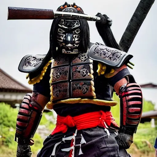 Image similar to big buff very strong very buff samurai wearing a cybernetic oni mask, hd movie still