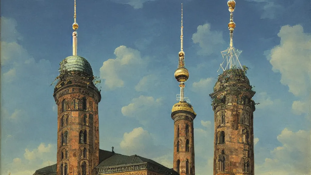 Prompt: Berlin TV tower, gothic architecture, landscape painting by Karl Friedrich Schinkel