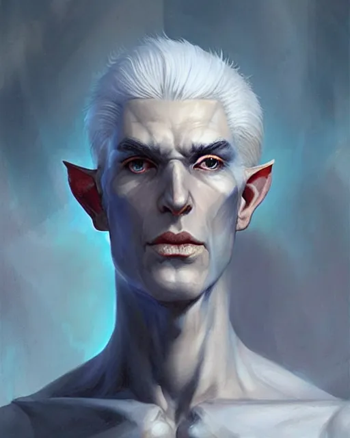 Image similar to character portrait of a slender half elven man with white hair, piercing blue eyes, and pale bluish skin, by greg rutkowski, mark brookes, jim burns, tom bagshaw, trending on artstation