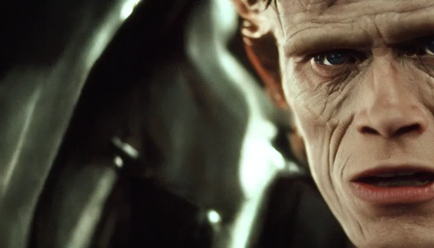 Image similar to young Willem Dafoe as a Sith Lord, cinematic lighting, close-up, cinematography